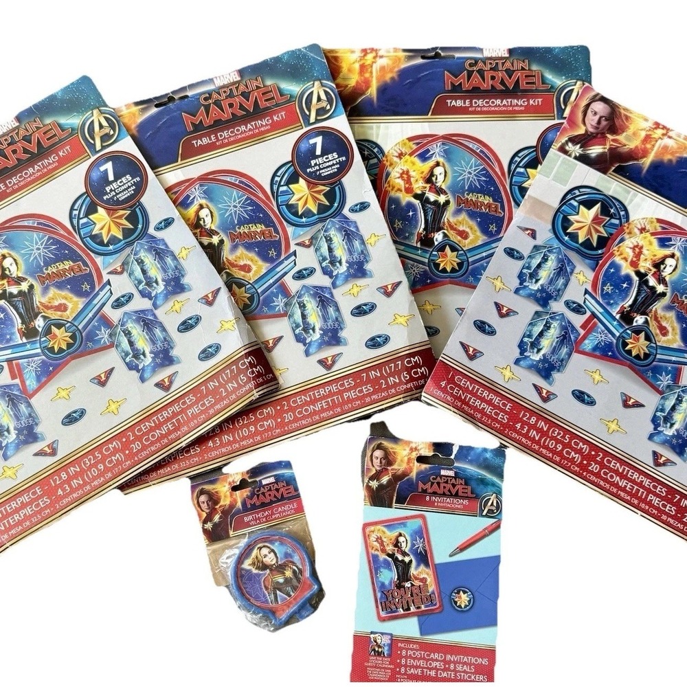 Captain Marvel Birthday Party Decor Lot‎ - Table Decor Kit, Invitations & Candle